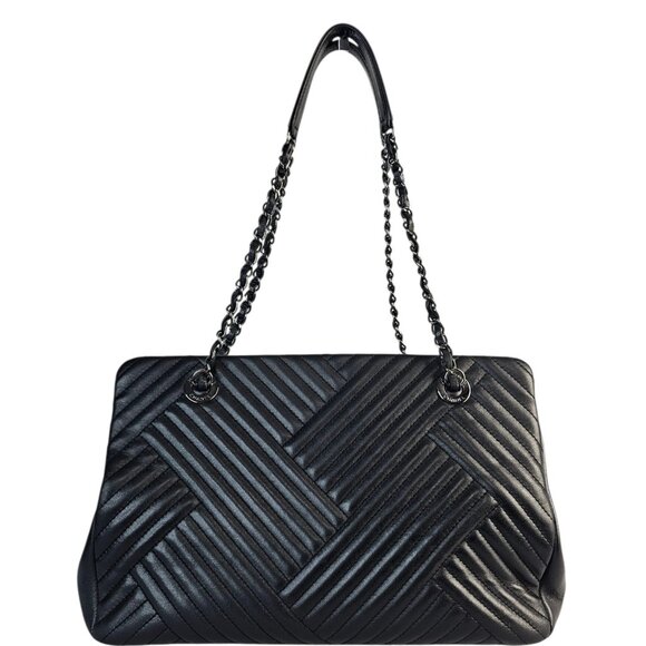 CHANEL CC Crossing Shopping Tote Shoulder Bag Chain Black Chevron 2016 Silver - Picture 4 of 16